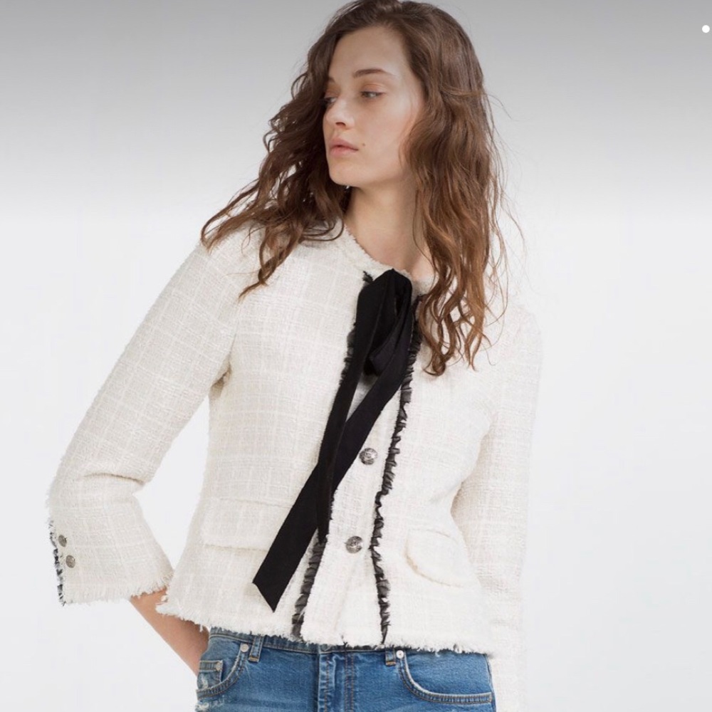 Zara White Tweed Jacket With Bow XS